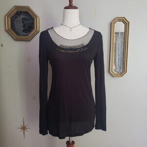 Simply Vera Vera Wang Medium Black Long Sleeve Top with Beaded Mesh